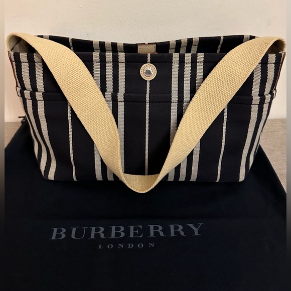 Burberry Handbags - Burberry Logo Striped Canvas Tote Bag Navy Ivory with Burberry Dustbag